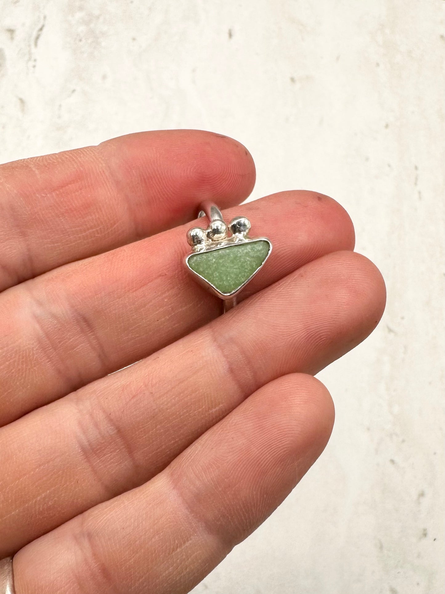 Frosted Green Seaglass Ring Silver - M