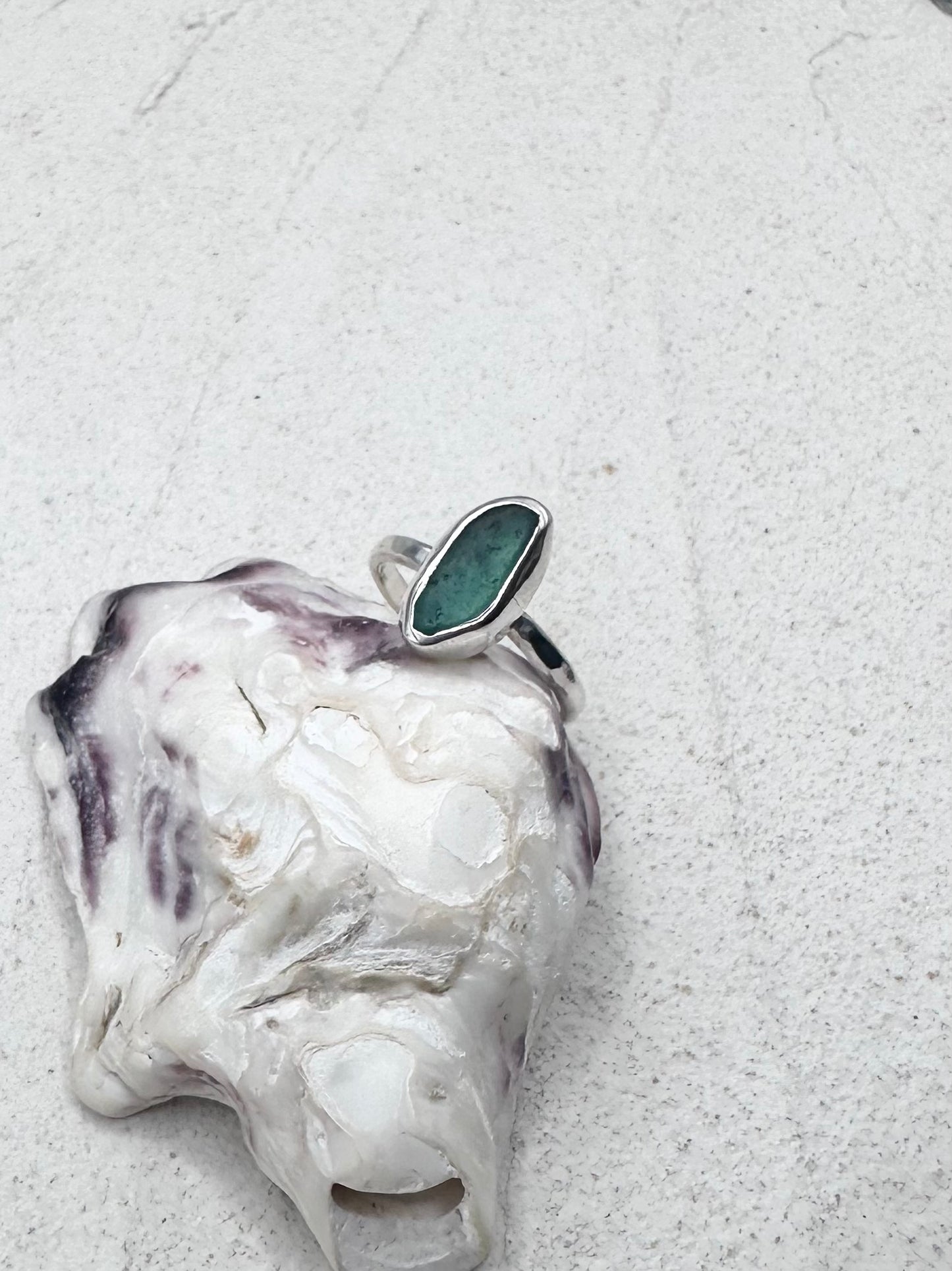 Teal Seaglass Ring Silver