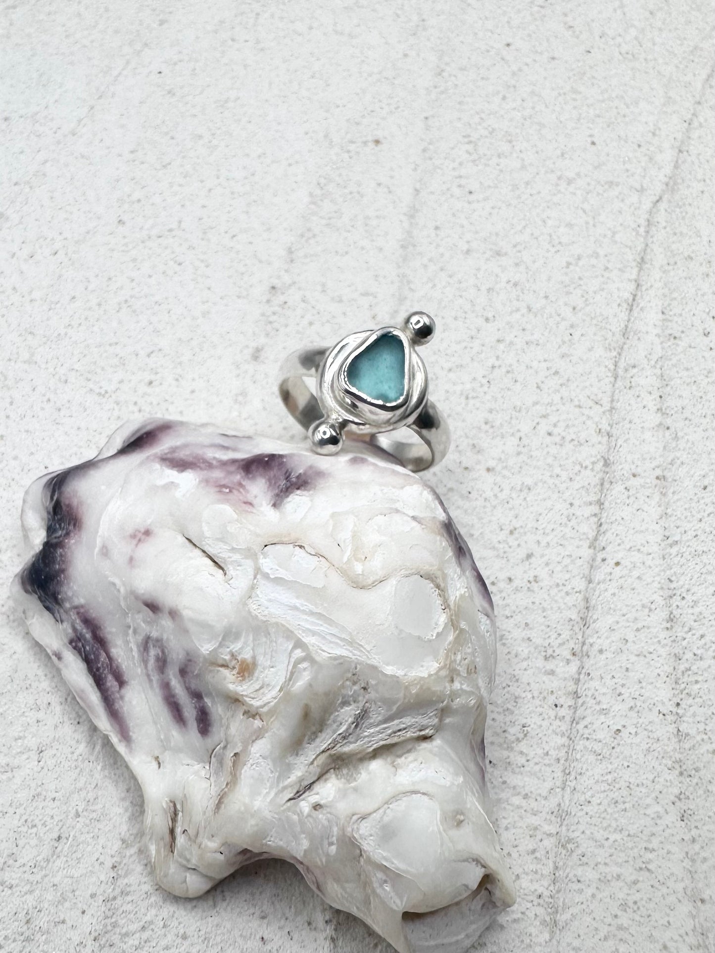 Teal Seaglass Ring Silver