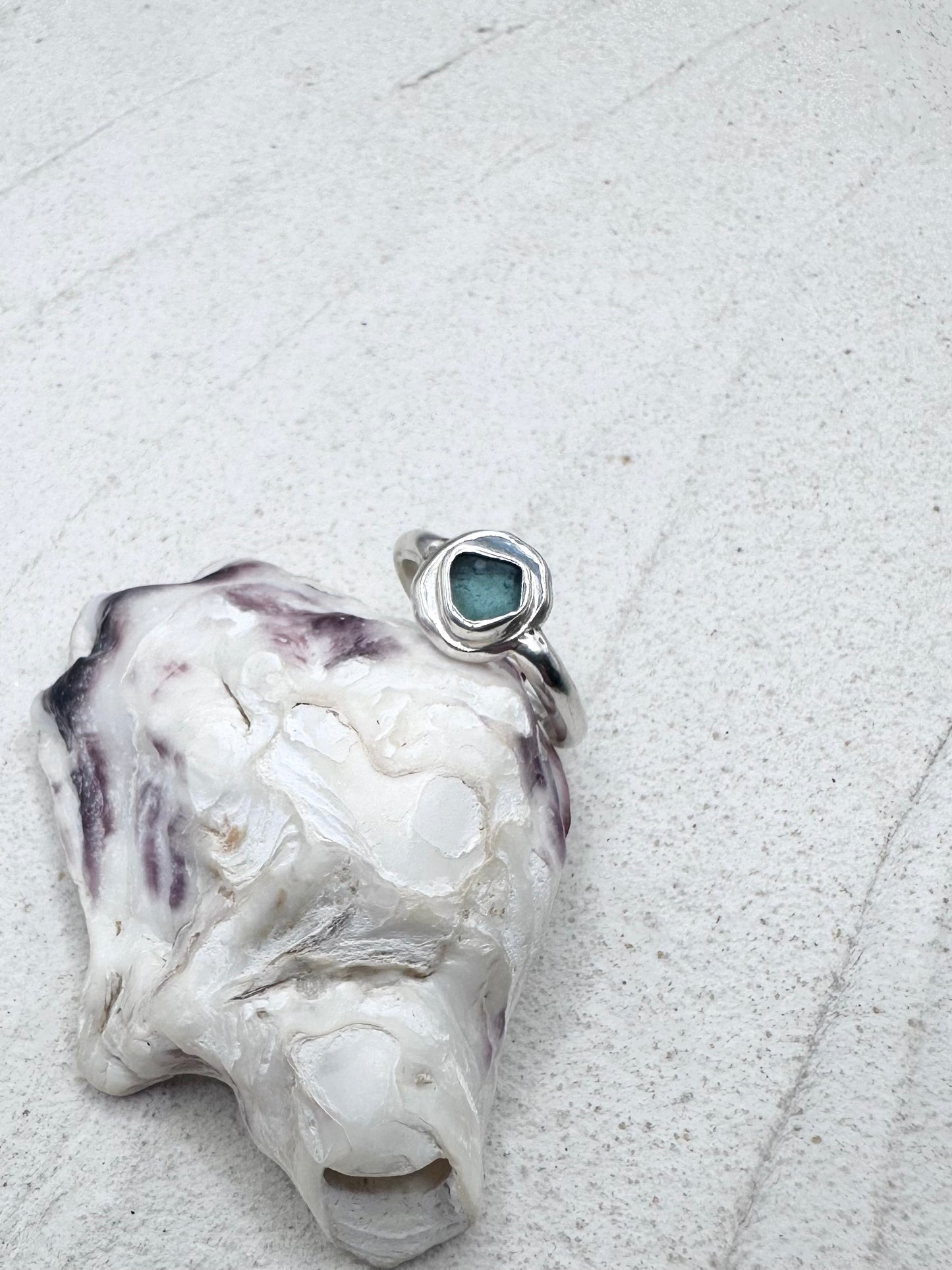 Teal Seaglass Ring Silver