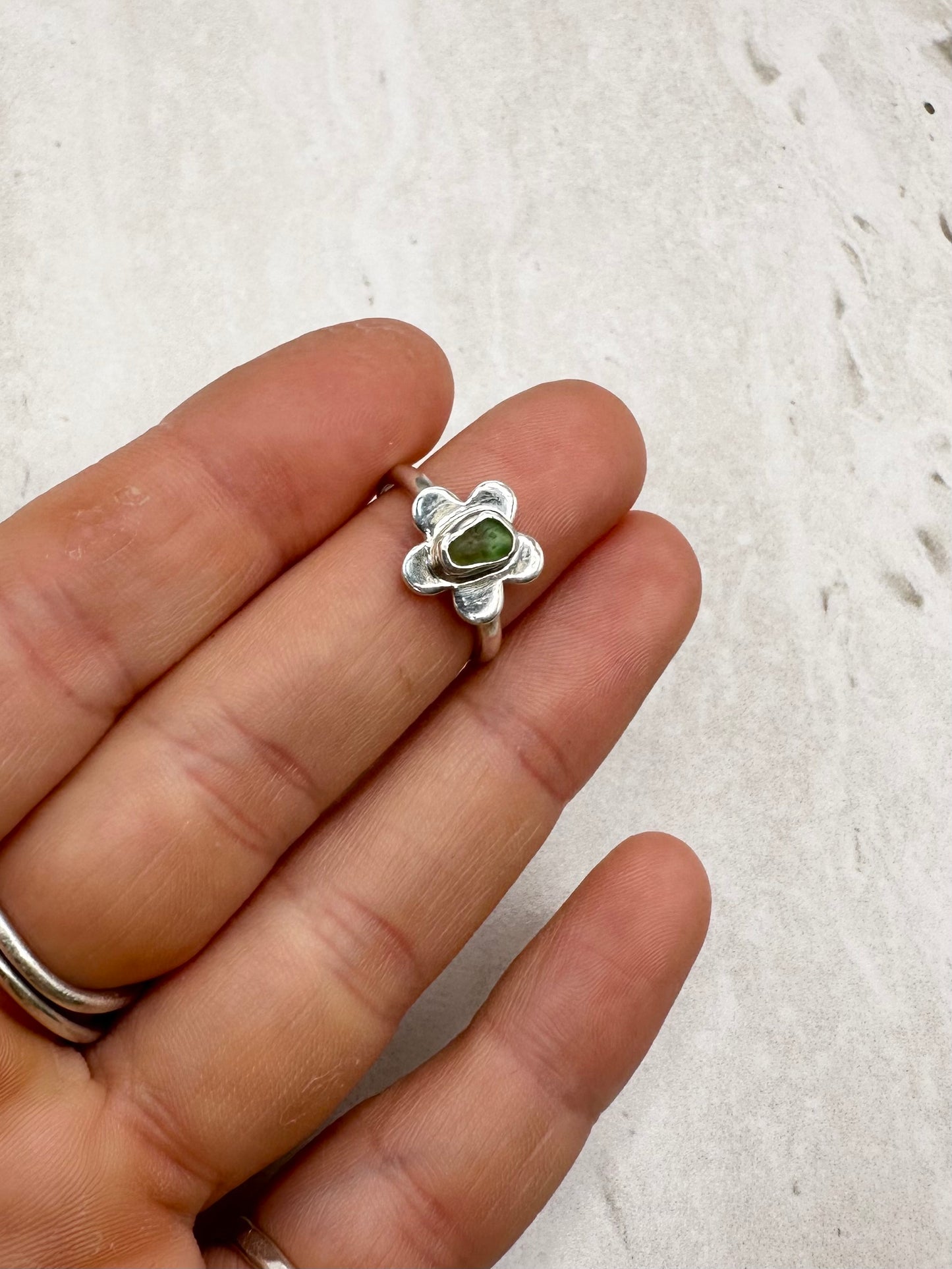 Green Seaglass Flower Ring Silver