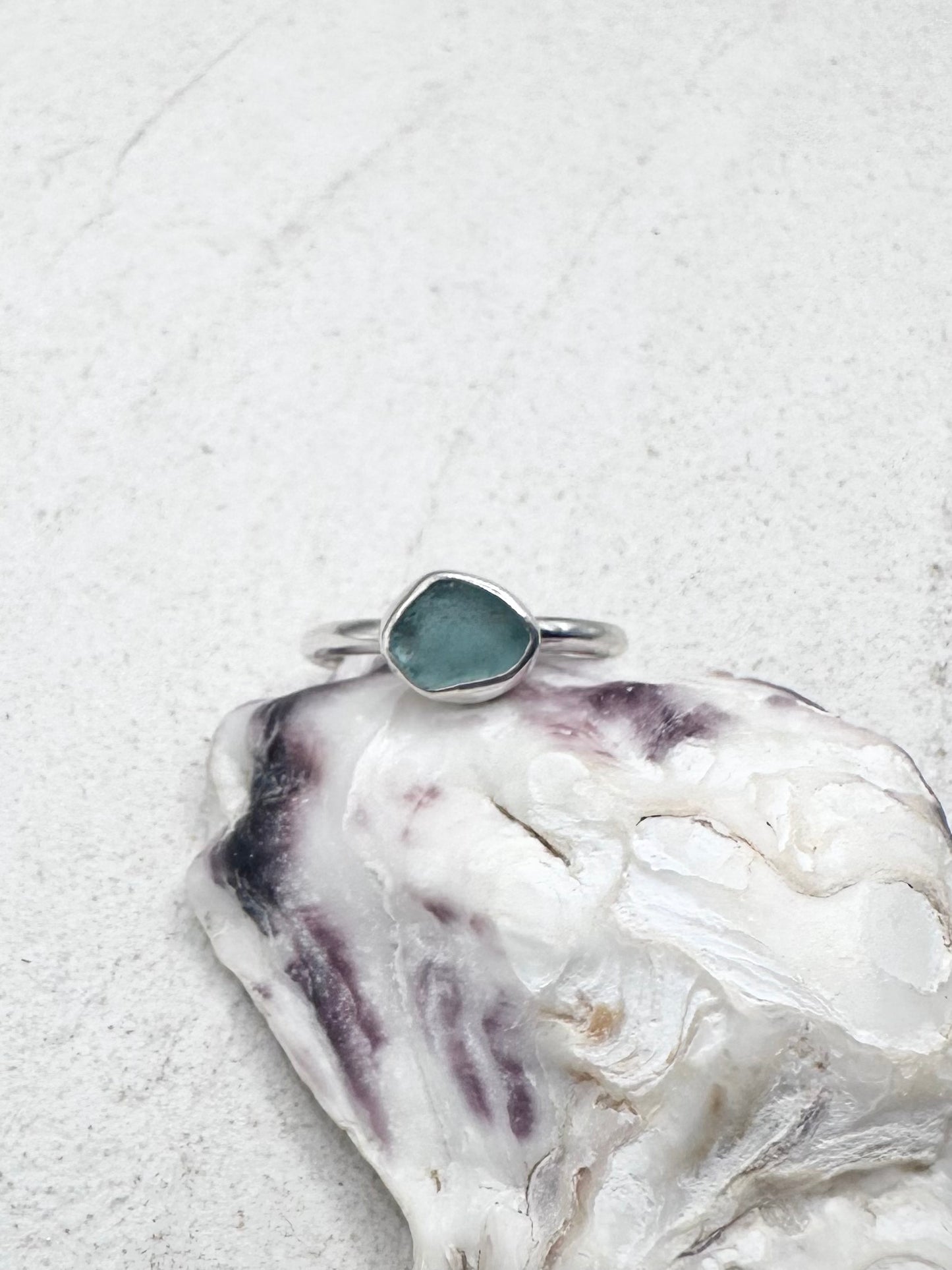 Teal Seaglass Ring Silver