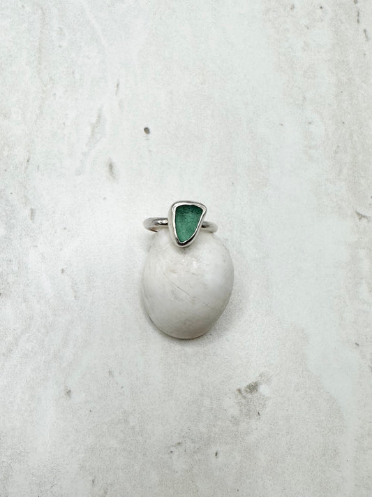 Teal Seaglass Ring Silver - H