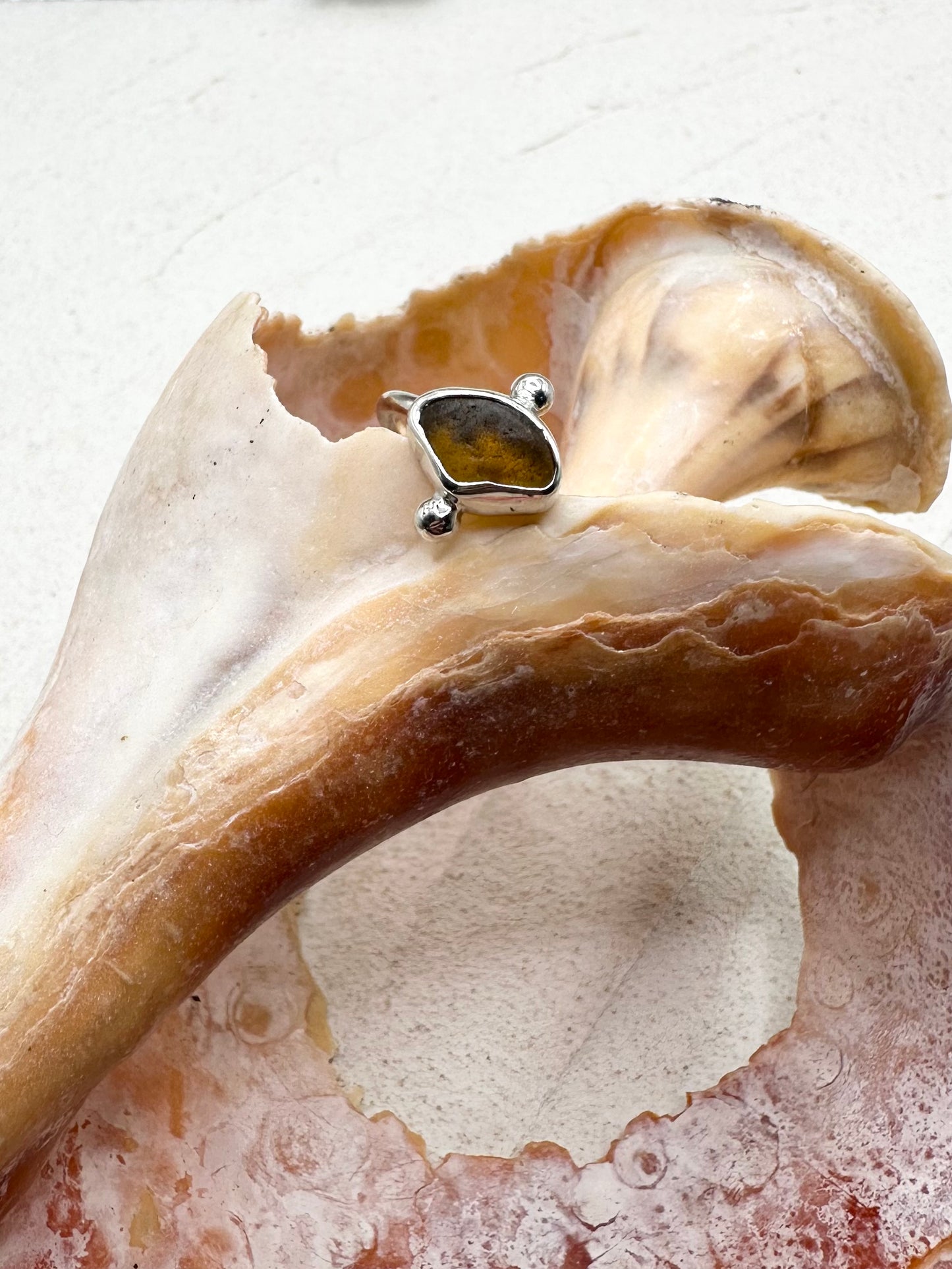 Silver Seaglass Ring in Amber