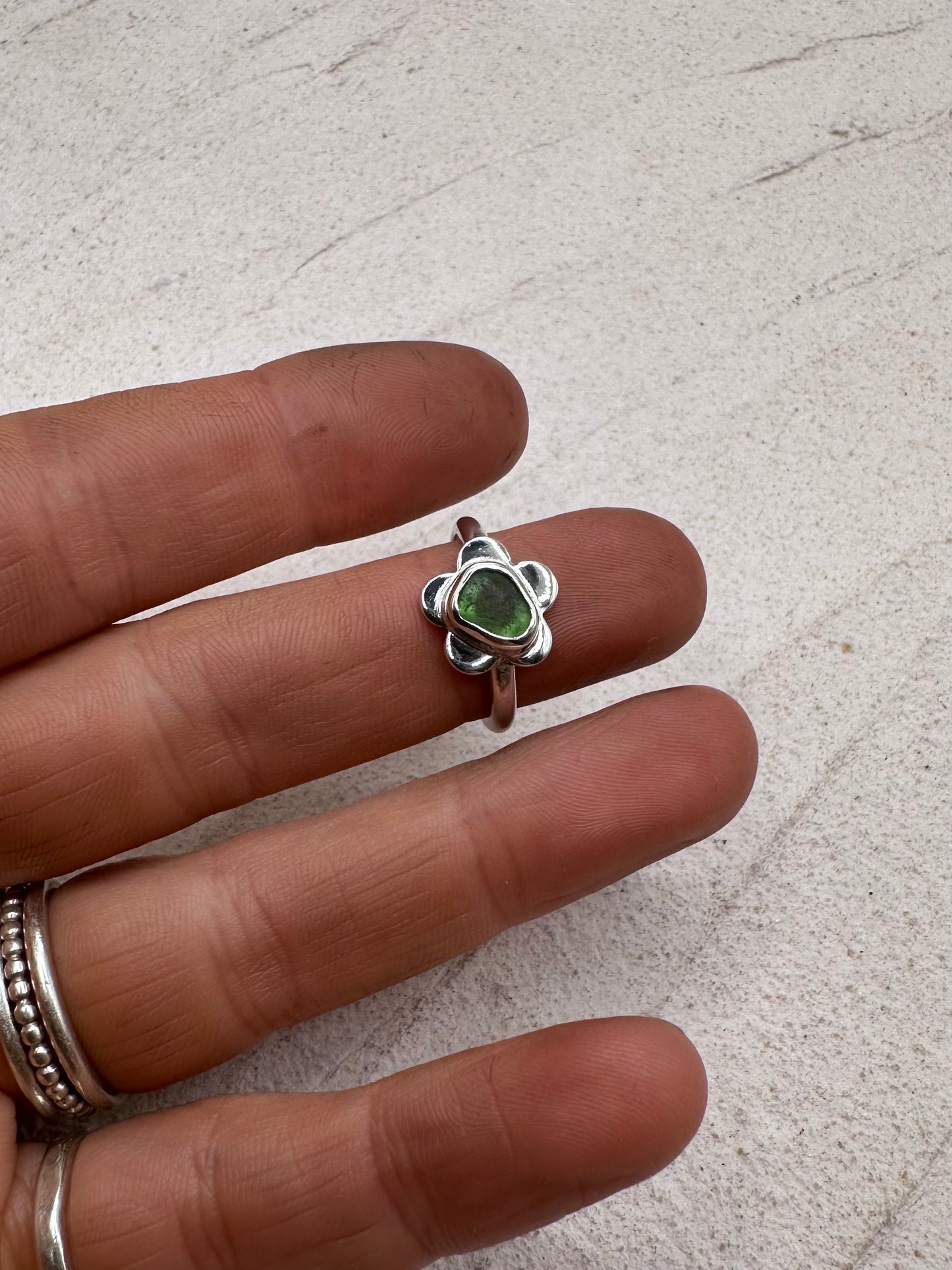 Green Seaglass Flower Ring Silver
