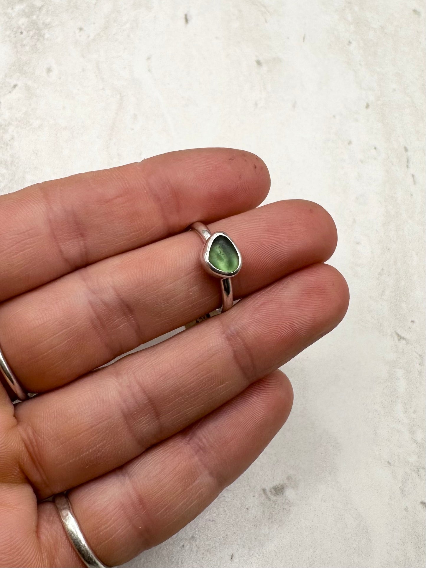 Green Seaglass Ring Silver - J
