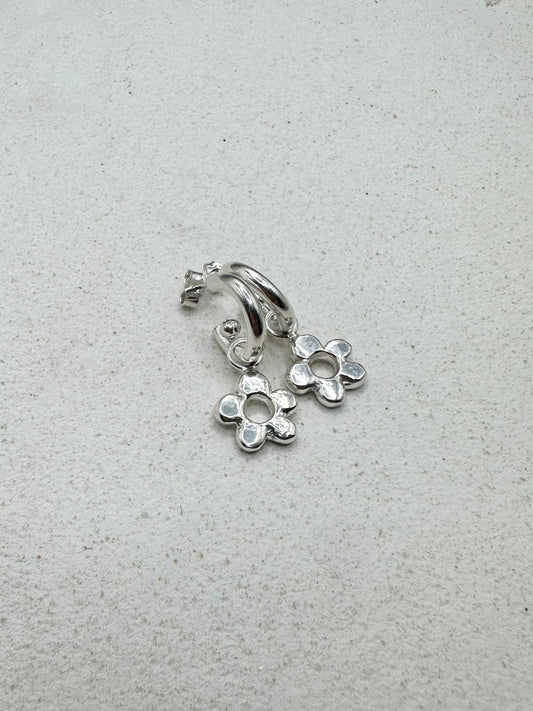 Chunky Flower Drop Charm Earrings Silver