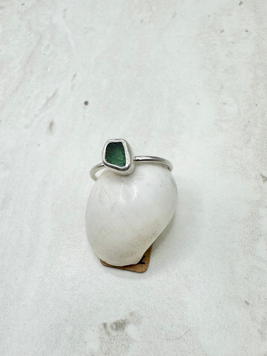Teal Seaglass Ring in Silver - O