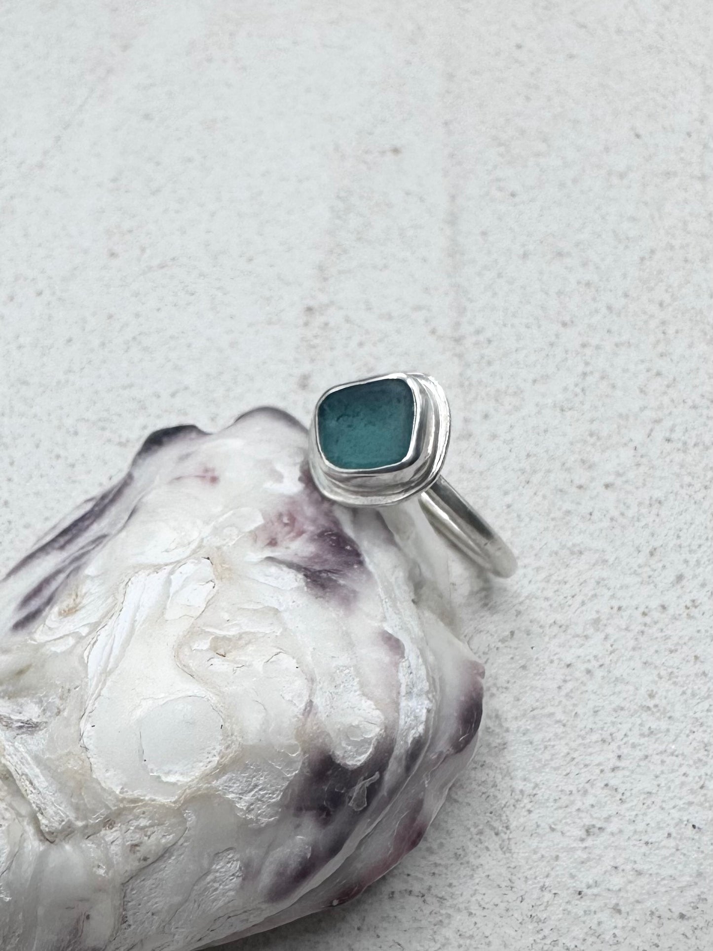 Teal Seaglass Ring Silver