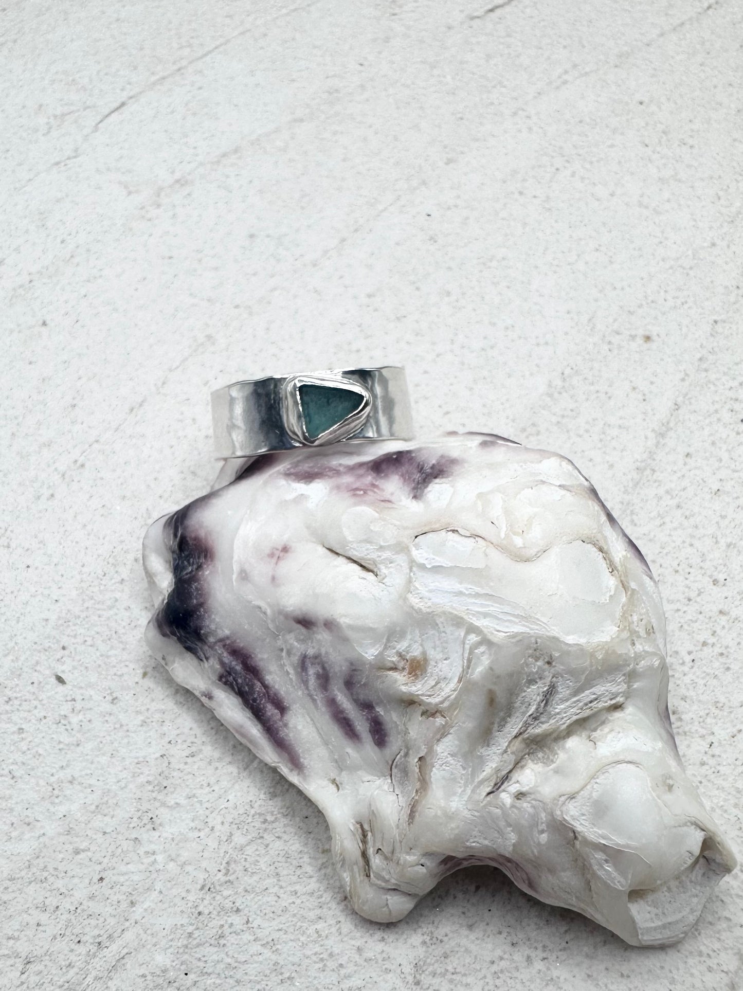 Teal Seaglass Ring Silver