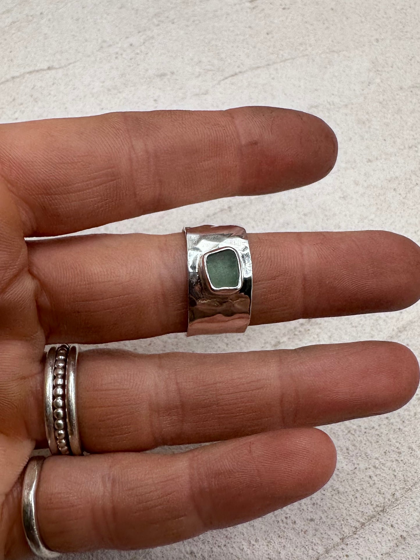 Teal Seaglass Ring Silver