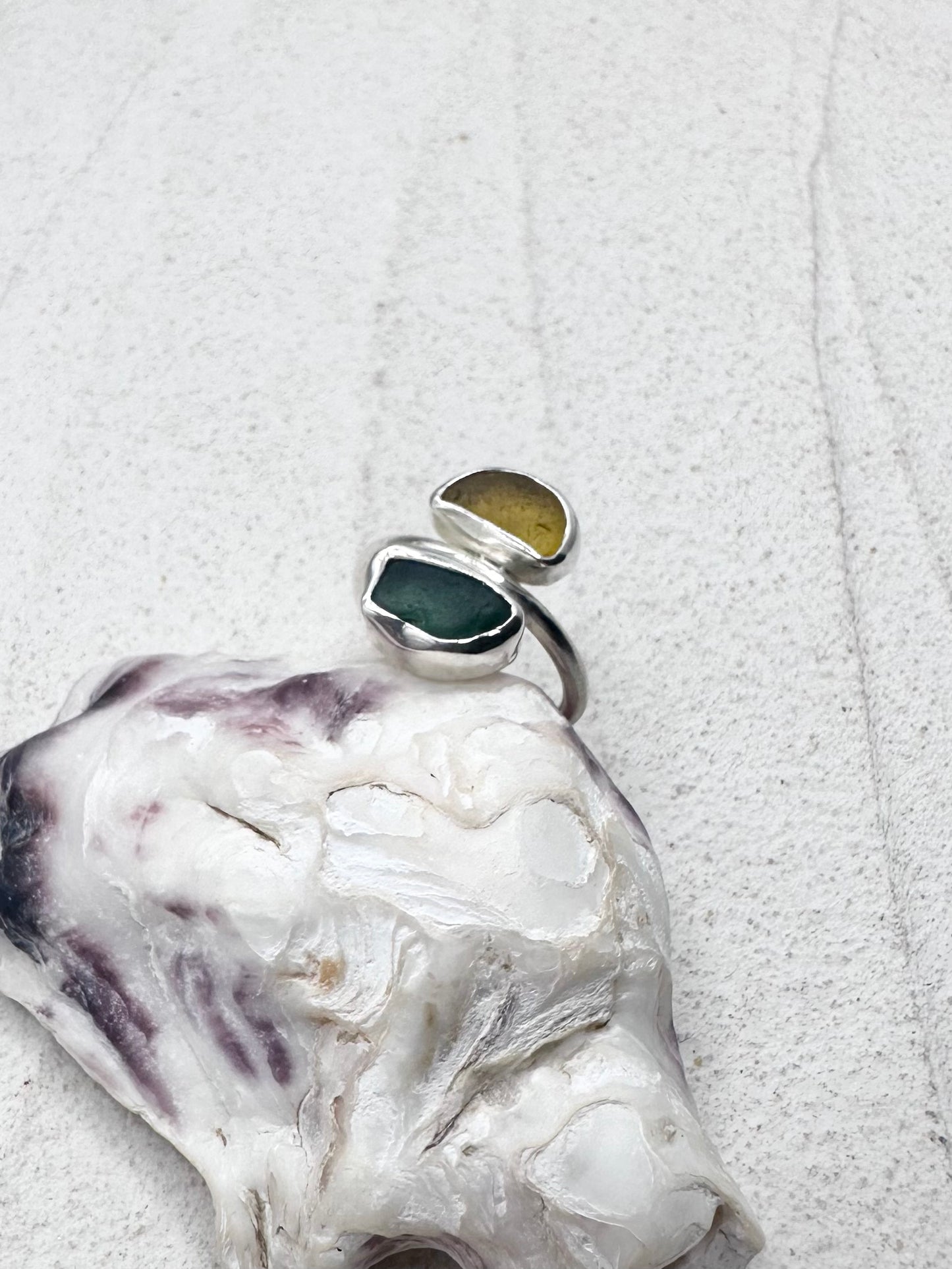 Teal & Yellow Seaglass Ring Silver