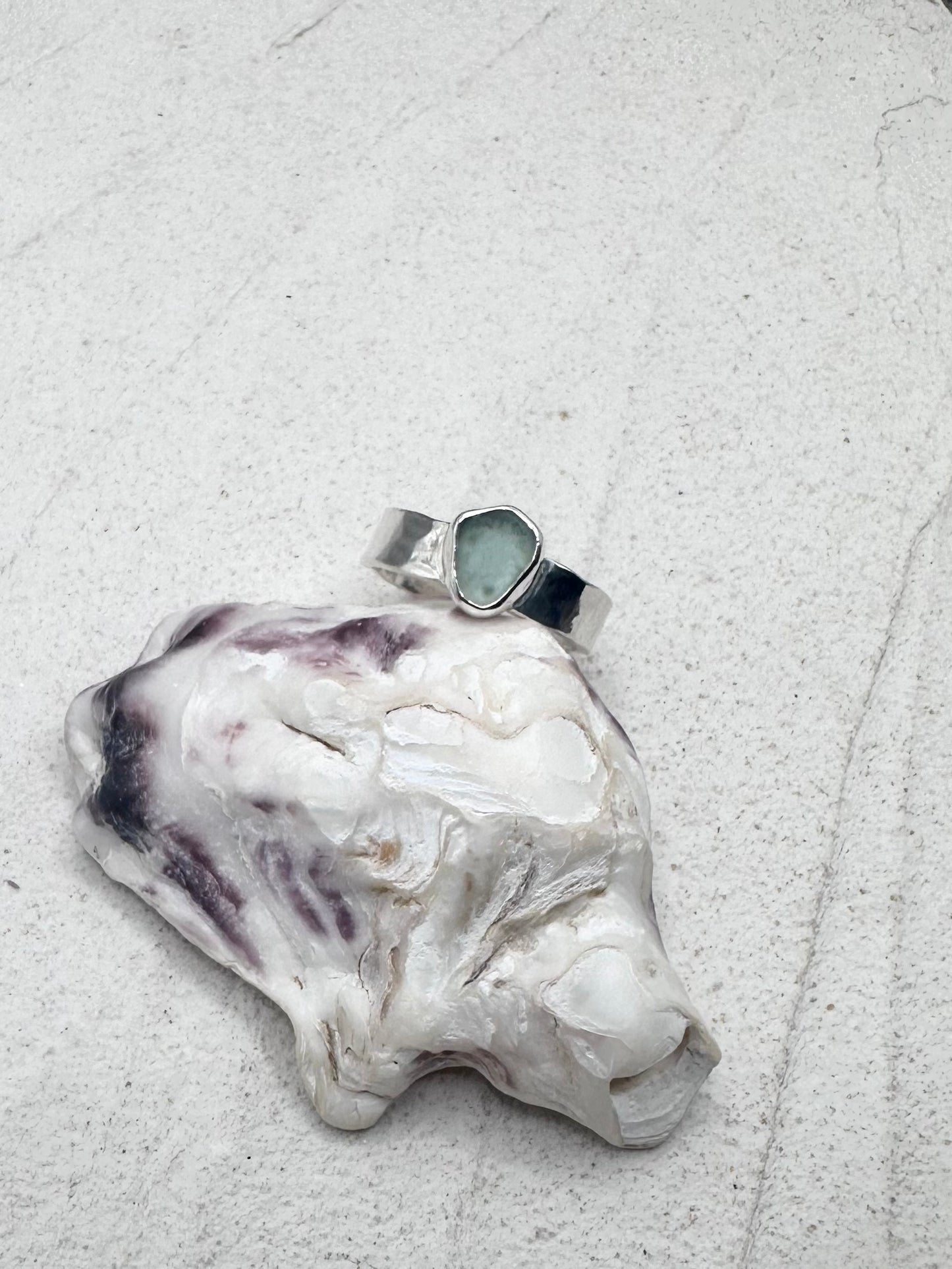 Teal Seaglass Ring Silver