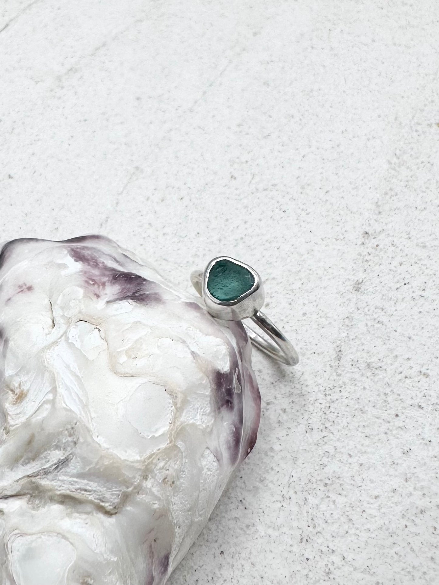 Teal Seaglass Ring Silver