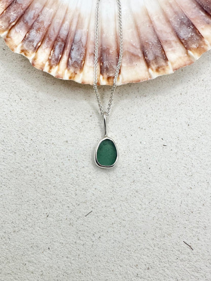 Teal Seaglass Pendant in Silver