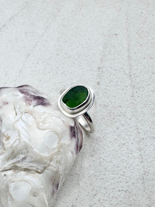 Green Seaglass Ring Silver