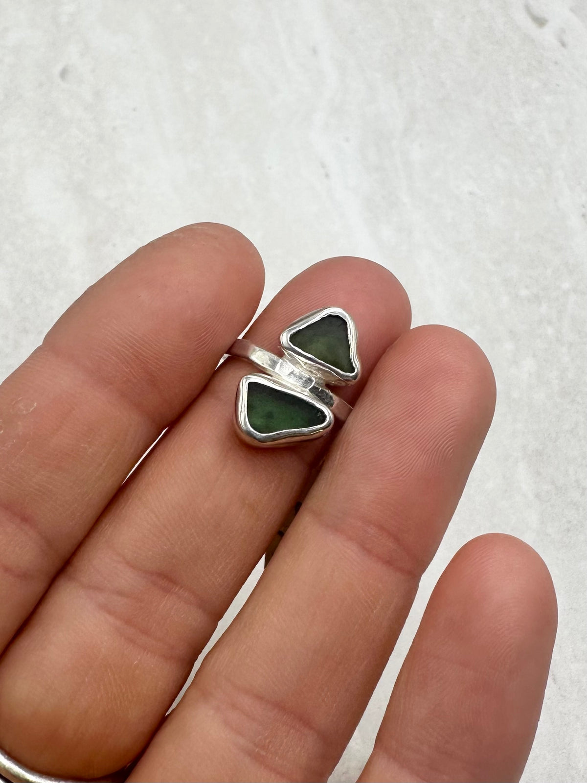 Green Seaglass Ring Silver - H