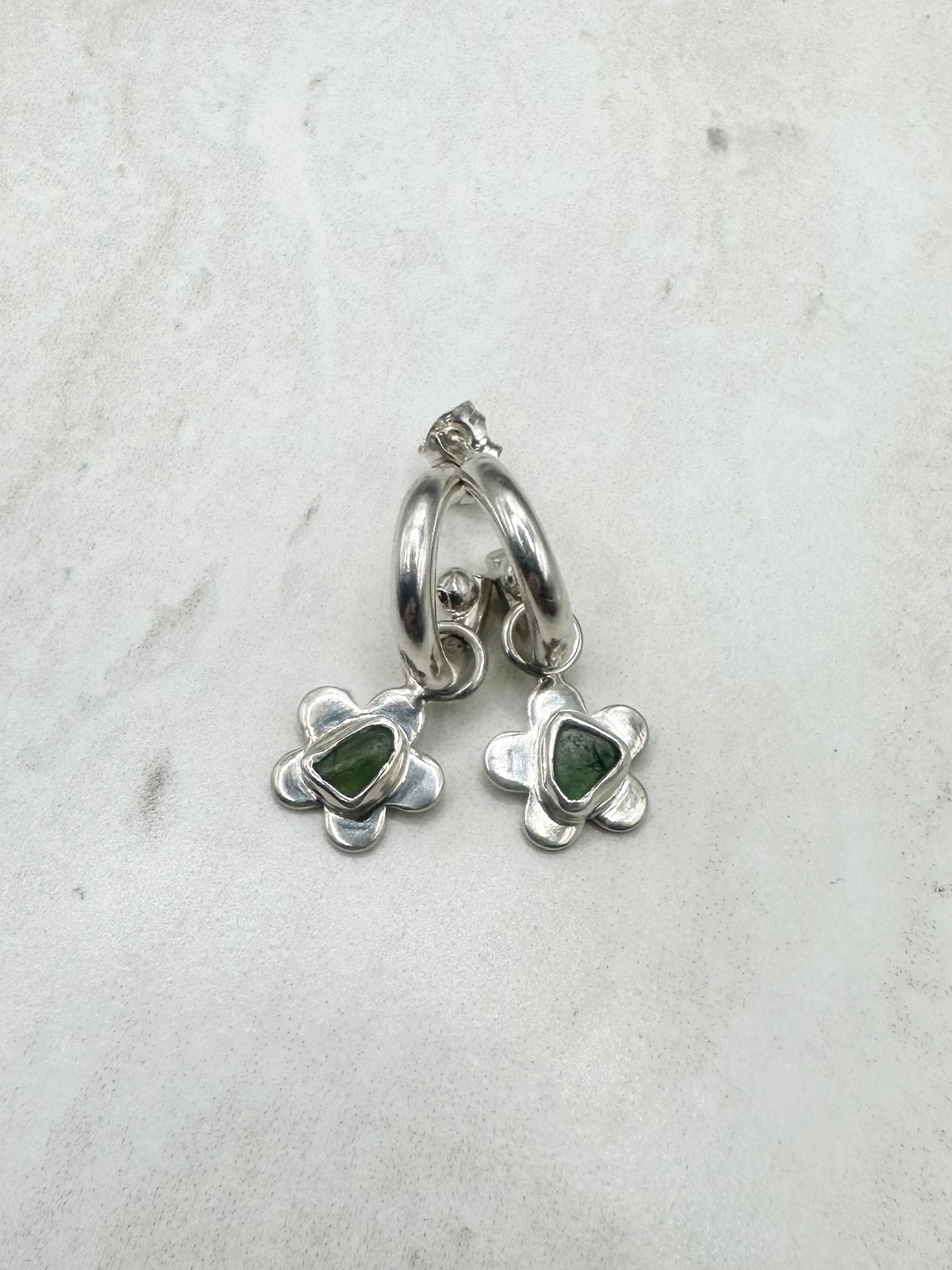 Green Seaglass Flower Charms Silver