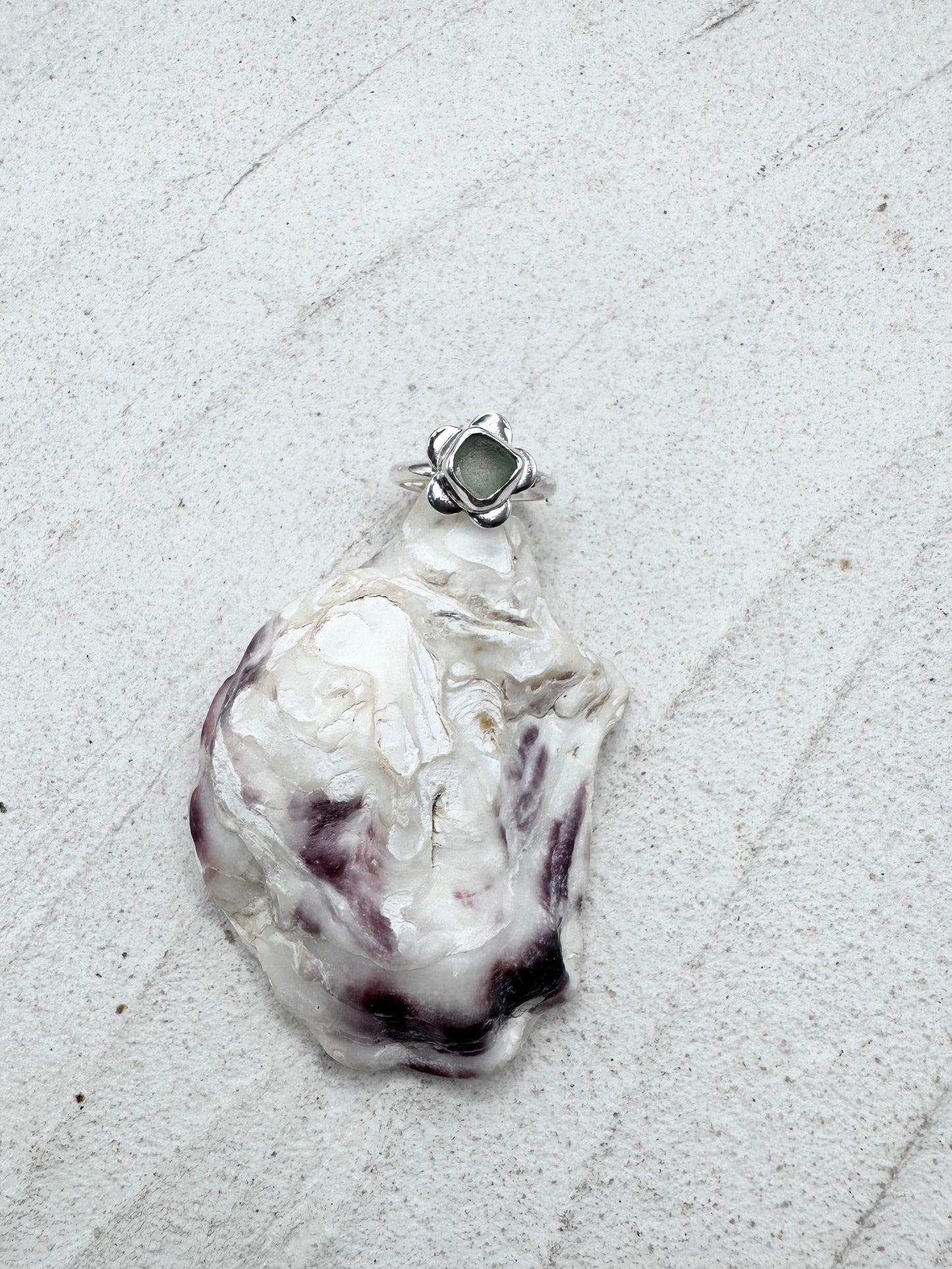 Light Green Seaglass Flower Ring Silver