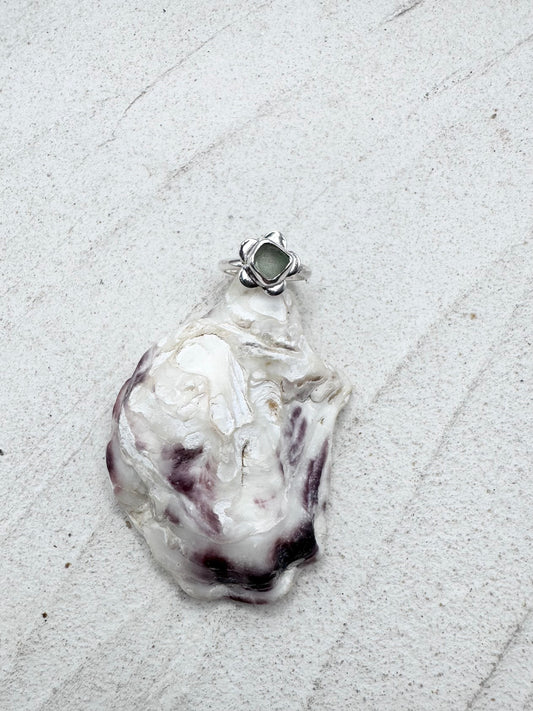 Light Green Seaglass Flower Ring Silver