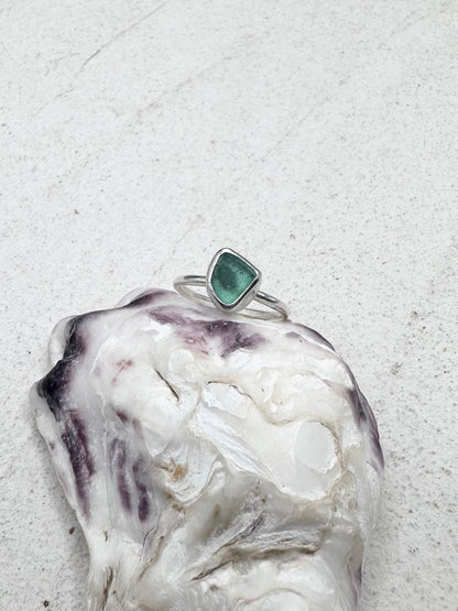 Teal Seaglass Ring Silver
