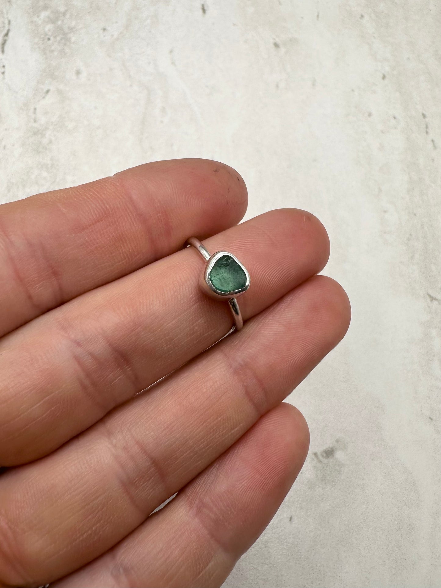 Teal Seaglass Ring Silver - I