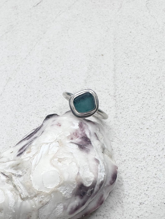 Teal Seaglass Ring Silver