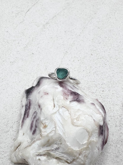 Teal Seaglass Ring Silver