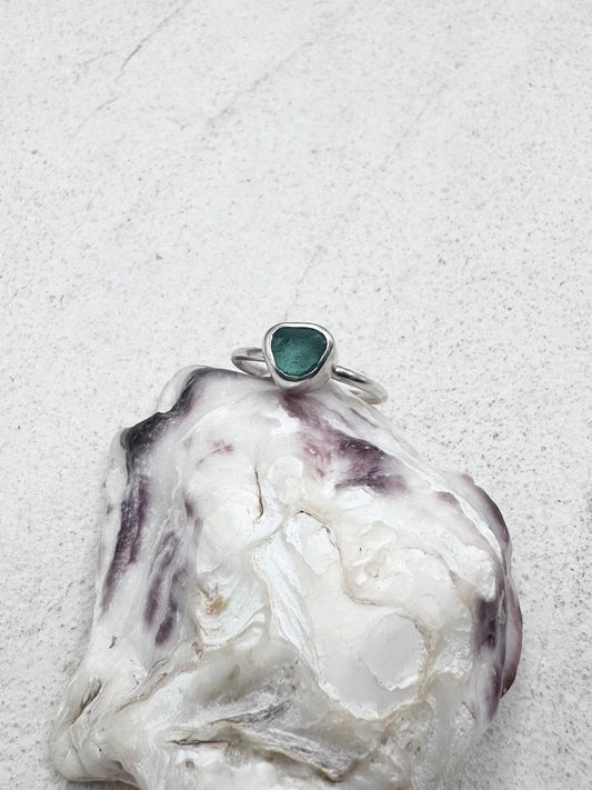 Teal Seaglass Ring Silver