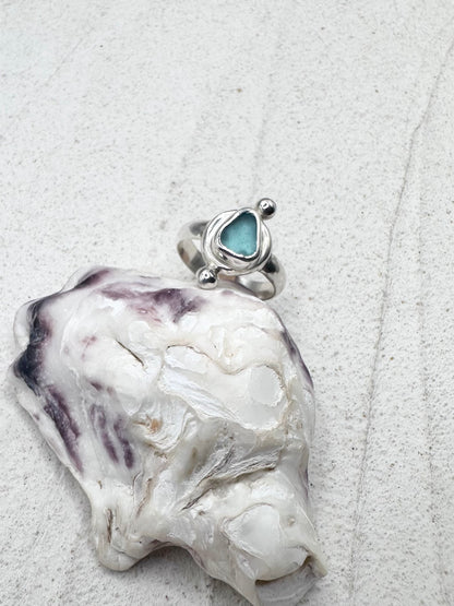 Teal Seaglass Ring Silver