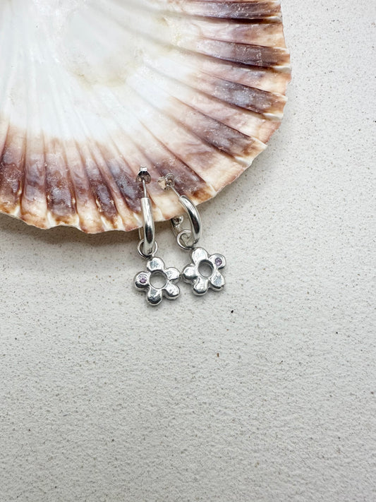 Chunky Flower Drop Charm Earrings Pink Sapphire