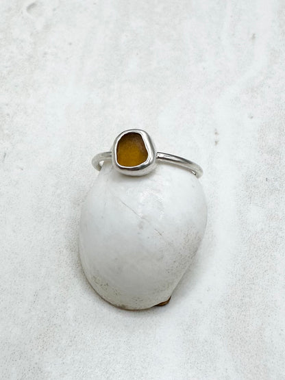 Amber Seaglass Ring Silver - N