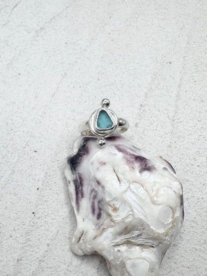 Teal Seaglass Ring Silver