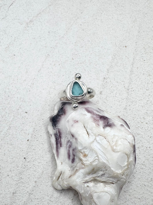 Teal Seaglass Ring Silver