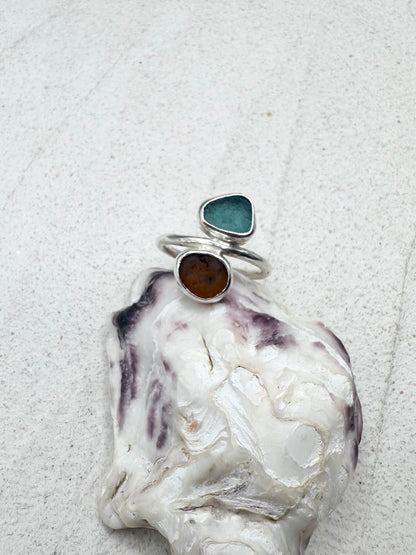 Teal & Amber Seaglass Ring Silver