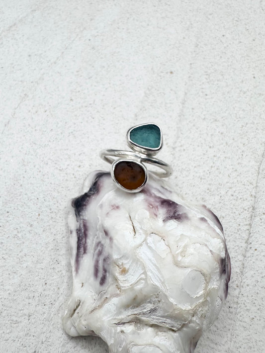 Teal & Amber Seaglass Ring Silver