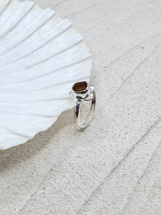 Flower Seaglass Ring in Amber