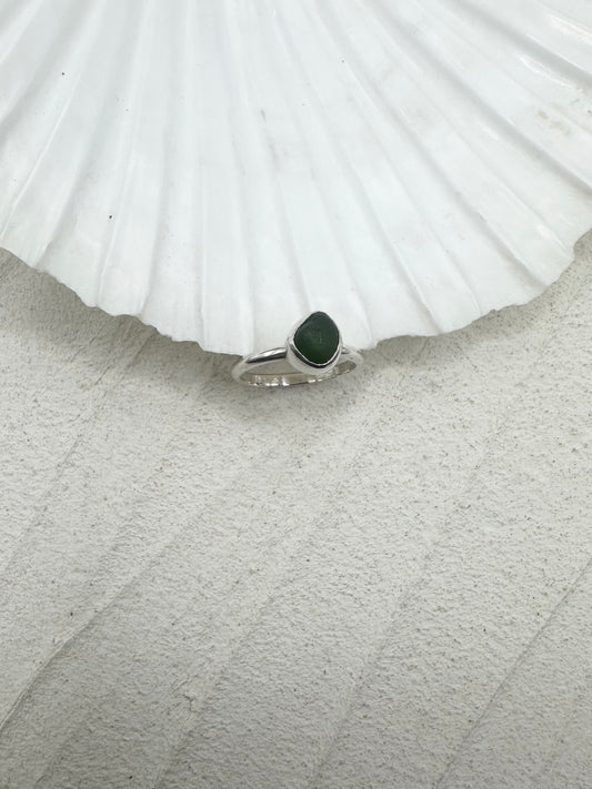 Silver Seaglass Ring in Dark Green