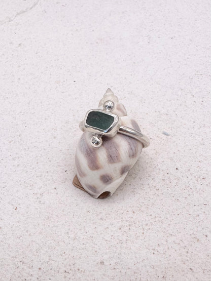 Teal Seaglass Ring Silver