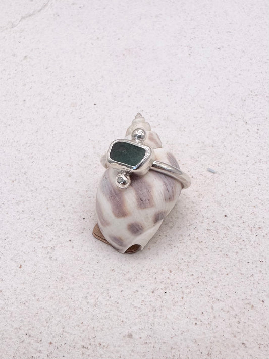Teal Seaglass Ring Silver