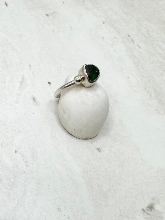 Green Seaglass Ring Silver - R