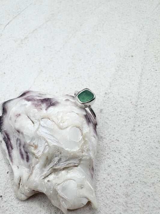 Green Seaglass Ring in Silver