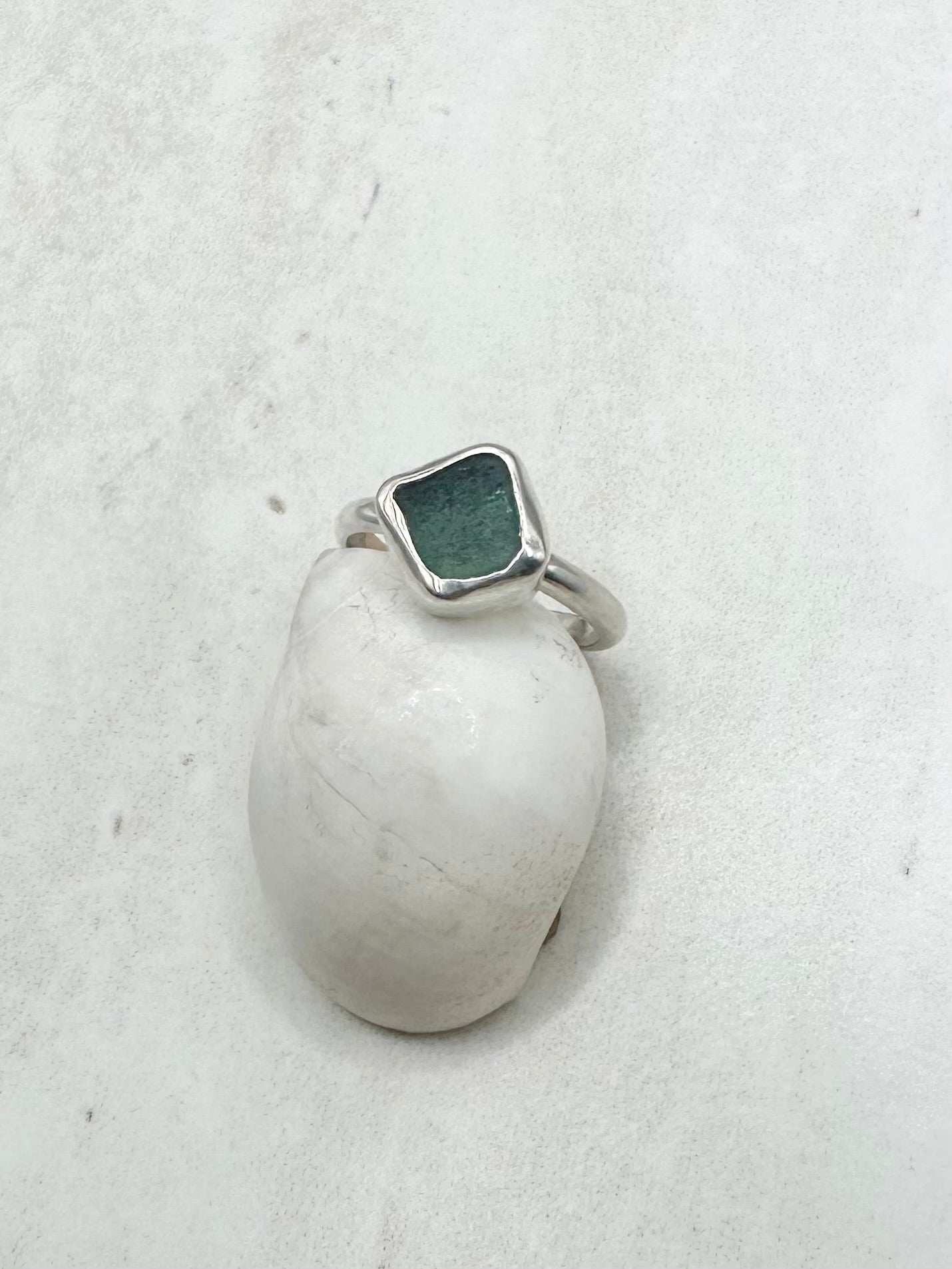 Teal Seaglass Ring Silver - J