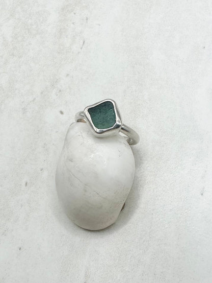 Teal Seaglass Ring Silver - J