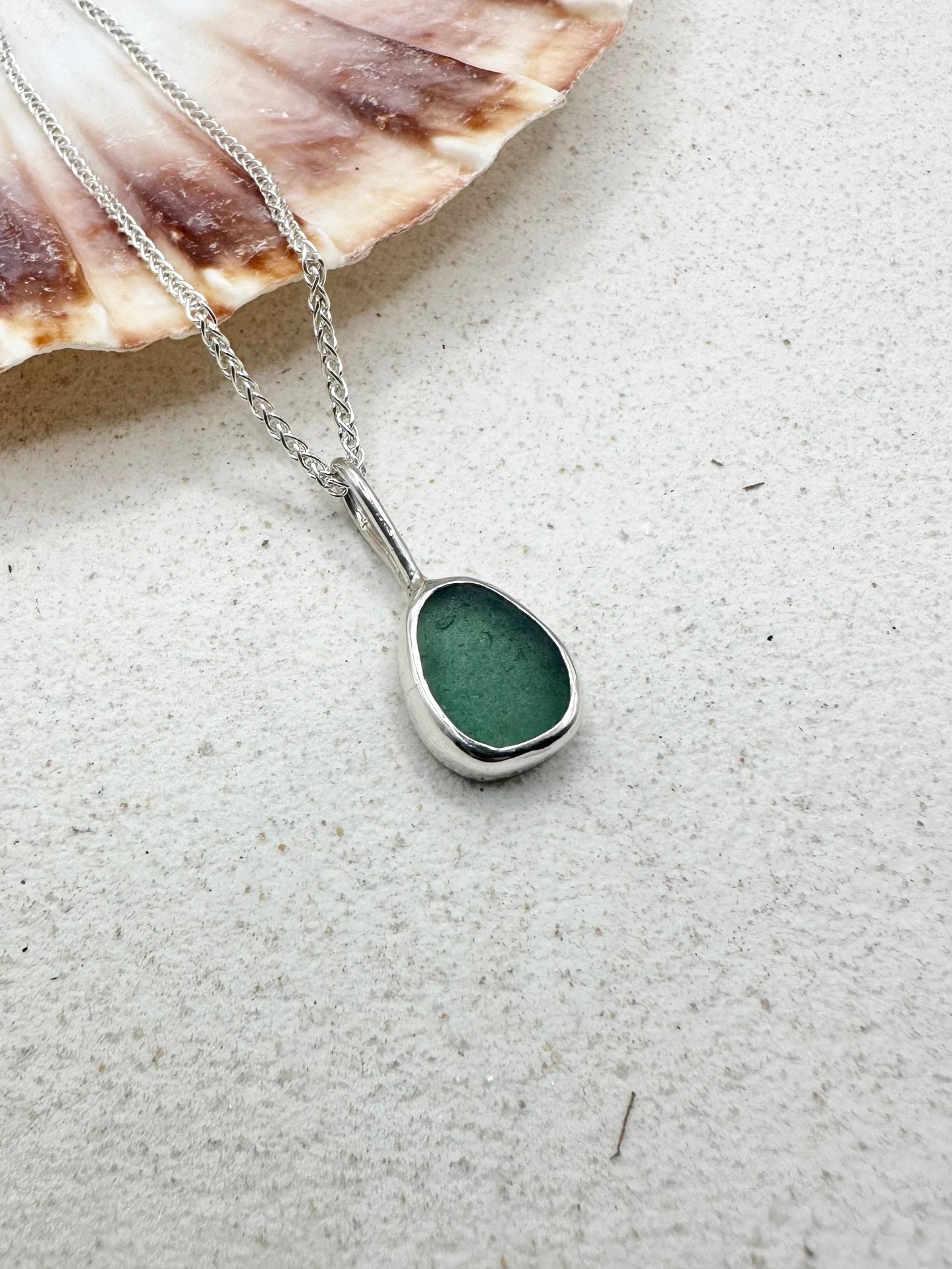 Teal Seaglass Pendant in Silver