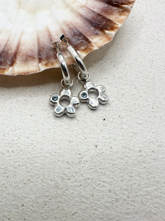 Chunky Flower Drop Charm Earrings Blue Sapphire