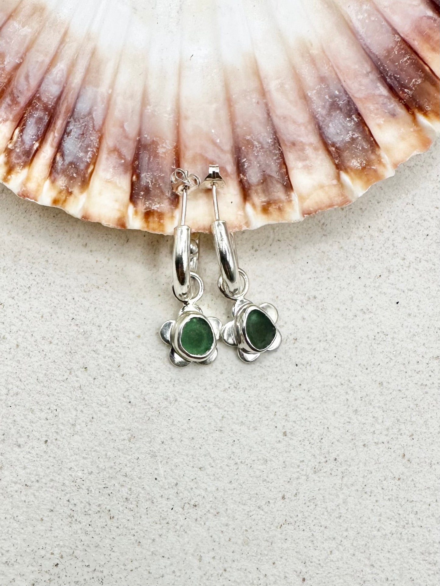 Green Seaglass Flower Charms Silver