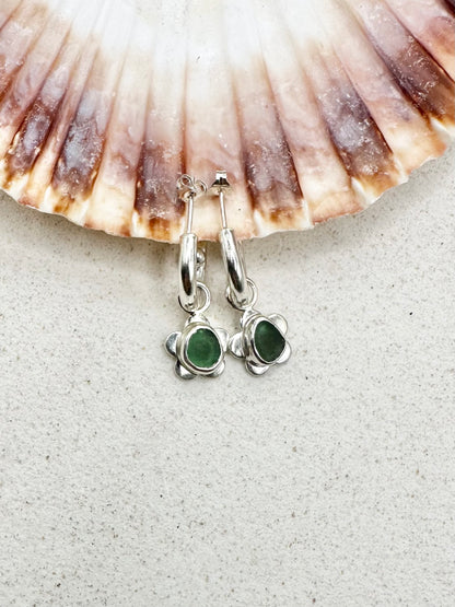 Green Seaglass Flower Charms Silver
