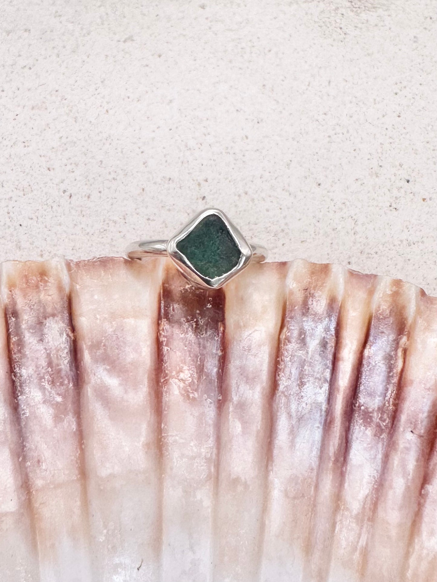 Teal Seaglass Ring Silver