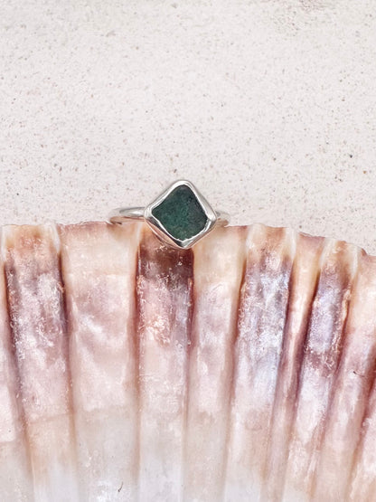 Teal Seaglass Ring Silver